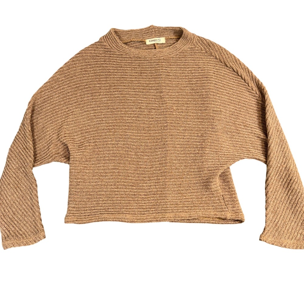 Ginger G Tan Ribbed Batwing Knit Sweater Cropped Pullover H7432 Small